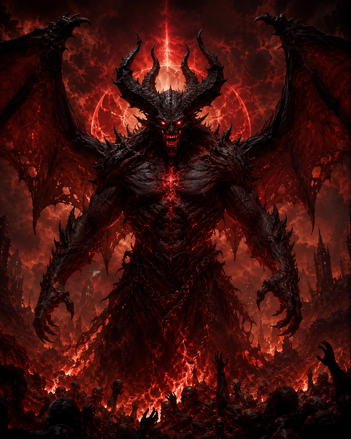 Demon · tier 3: A towering horned figure in a red inferno.