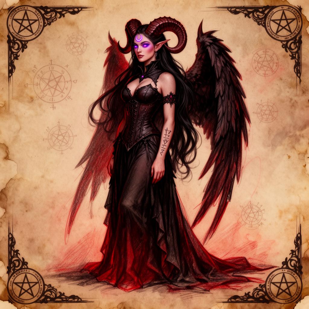 Demoness · awakened: A winged figure in a long red gown on aged parchment.