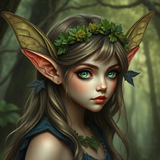 Fae: A pointed-eared girl with a leaf crown in a forest.