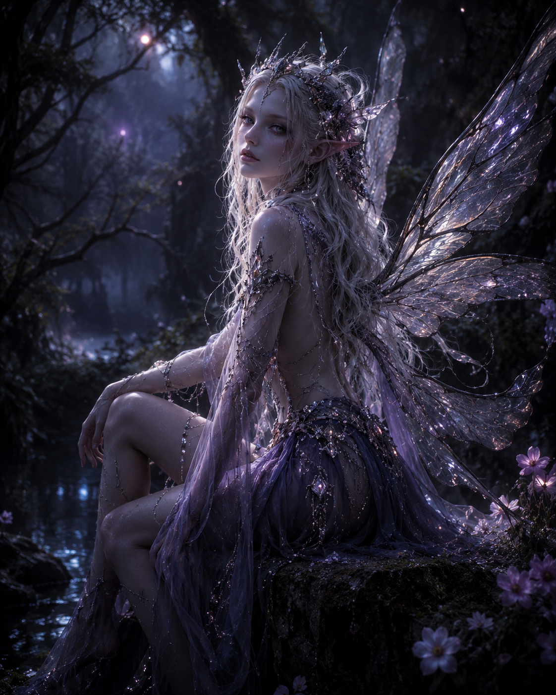 Fae · tier 3: A winged fae seated in a night garden.