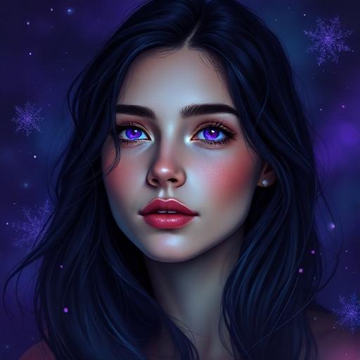 Human (female): A dark-haired woman with violet eyes against a starfield.