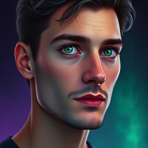 Human (male): A green-eyed man against an aurora background.
