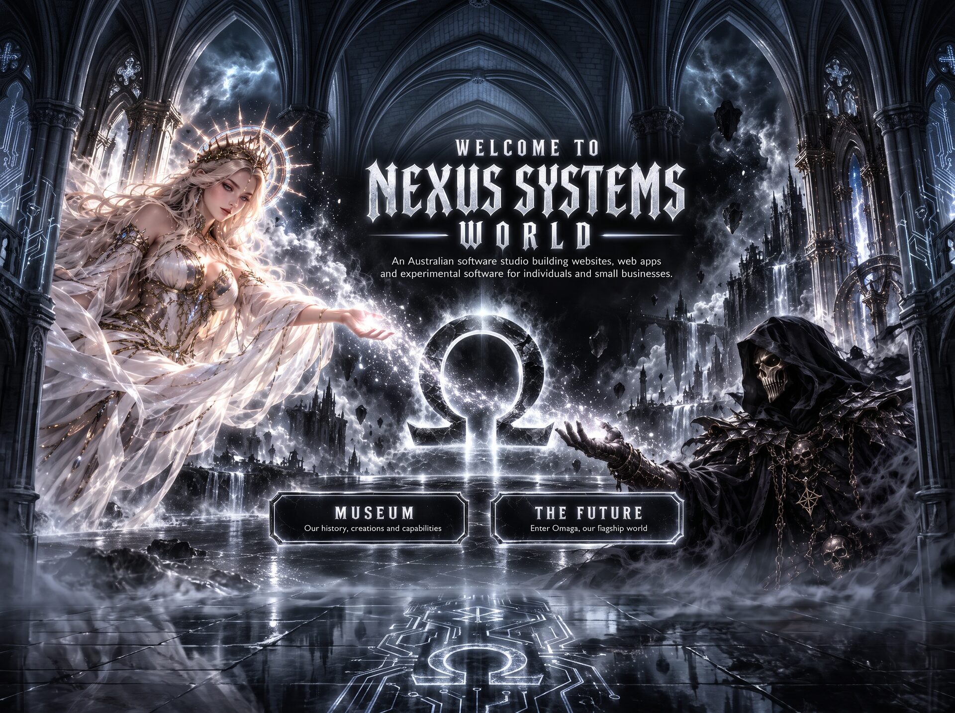 Welcome to Nexus Systems World. A luminous crowned guardian and a black-hooded skull guardian flank the Omega symbol inside a silver gothic cathedral.
