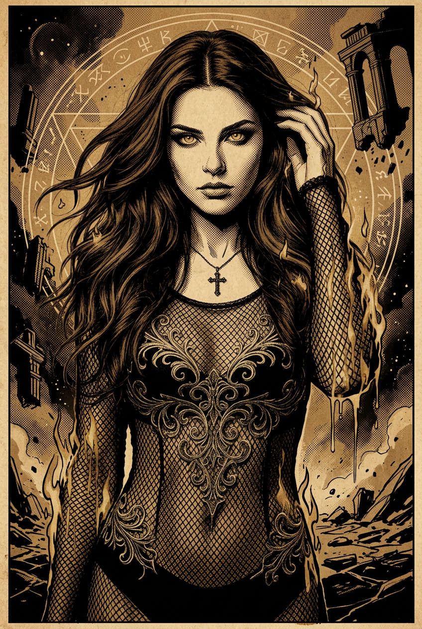 Comic illustration of a dark-haired woman in black lace before a glowing sigil.