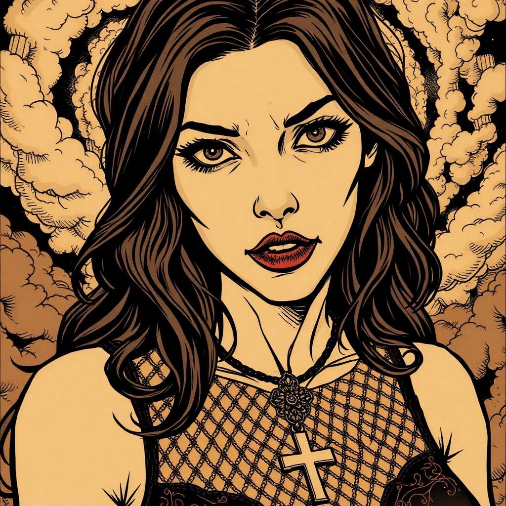 Comic close-up of a dark-haired woman with a cross necklace and a puzzled expression.