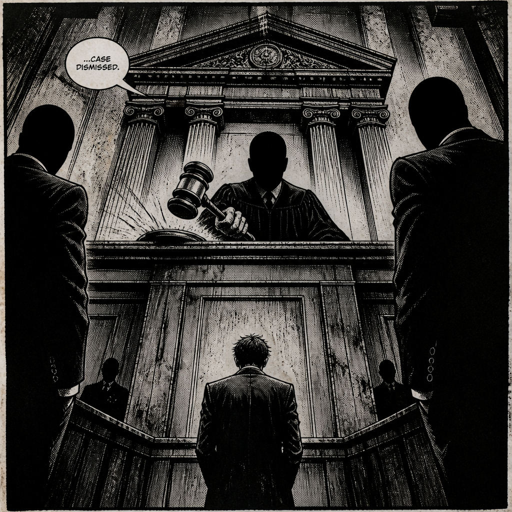 Sepia comic panel of a courtroom seen from behind a lone standing figure, a judge raising a gavel.
