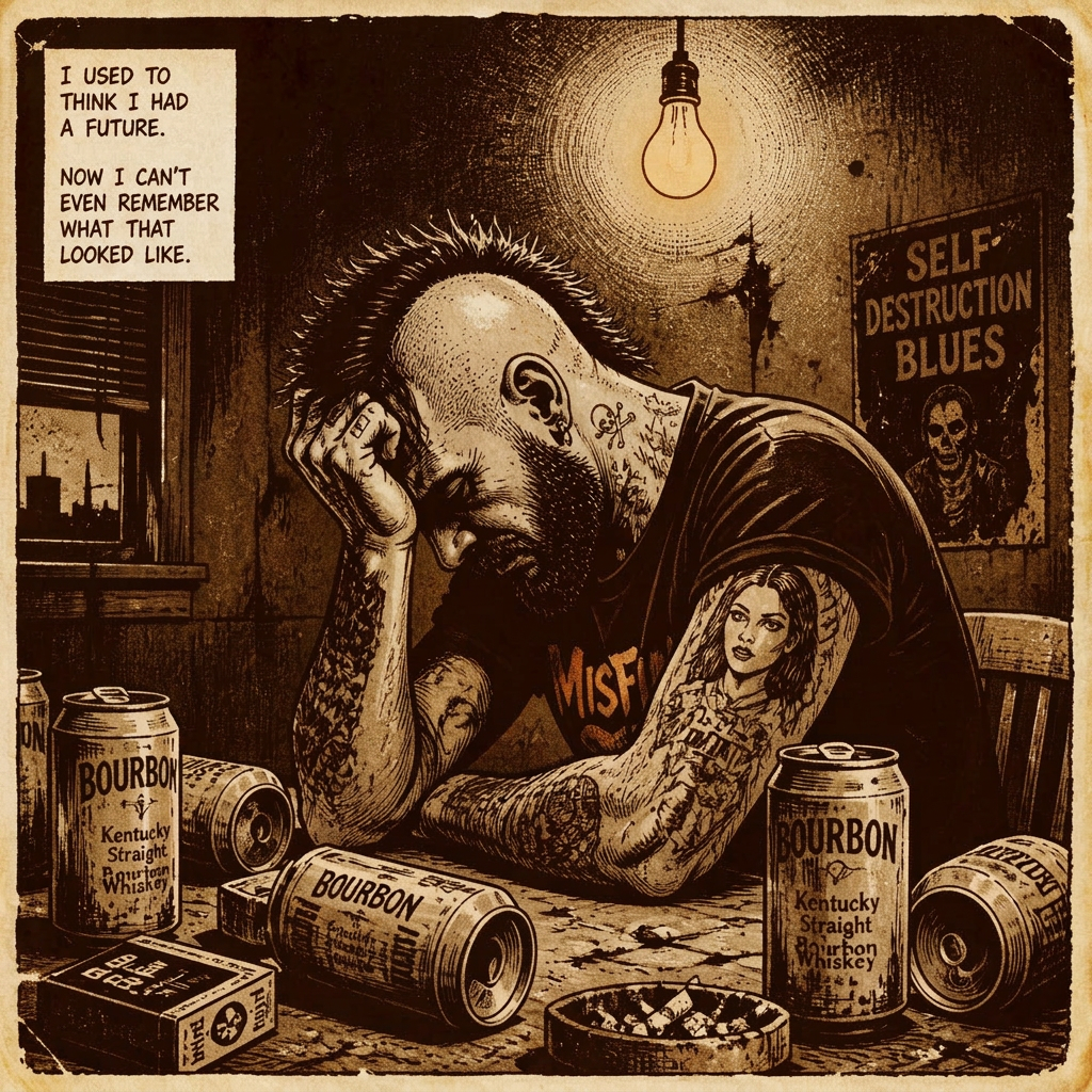 Sepia comic panel of a tattooed man with a mohawk slumped at a table among empty cans under a bare bulb.