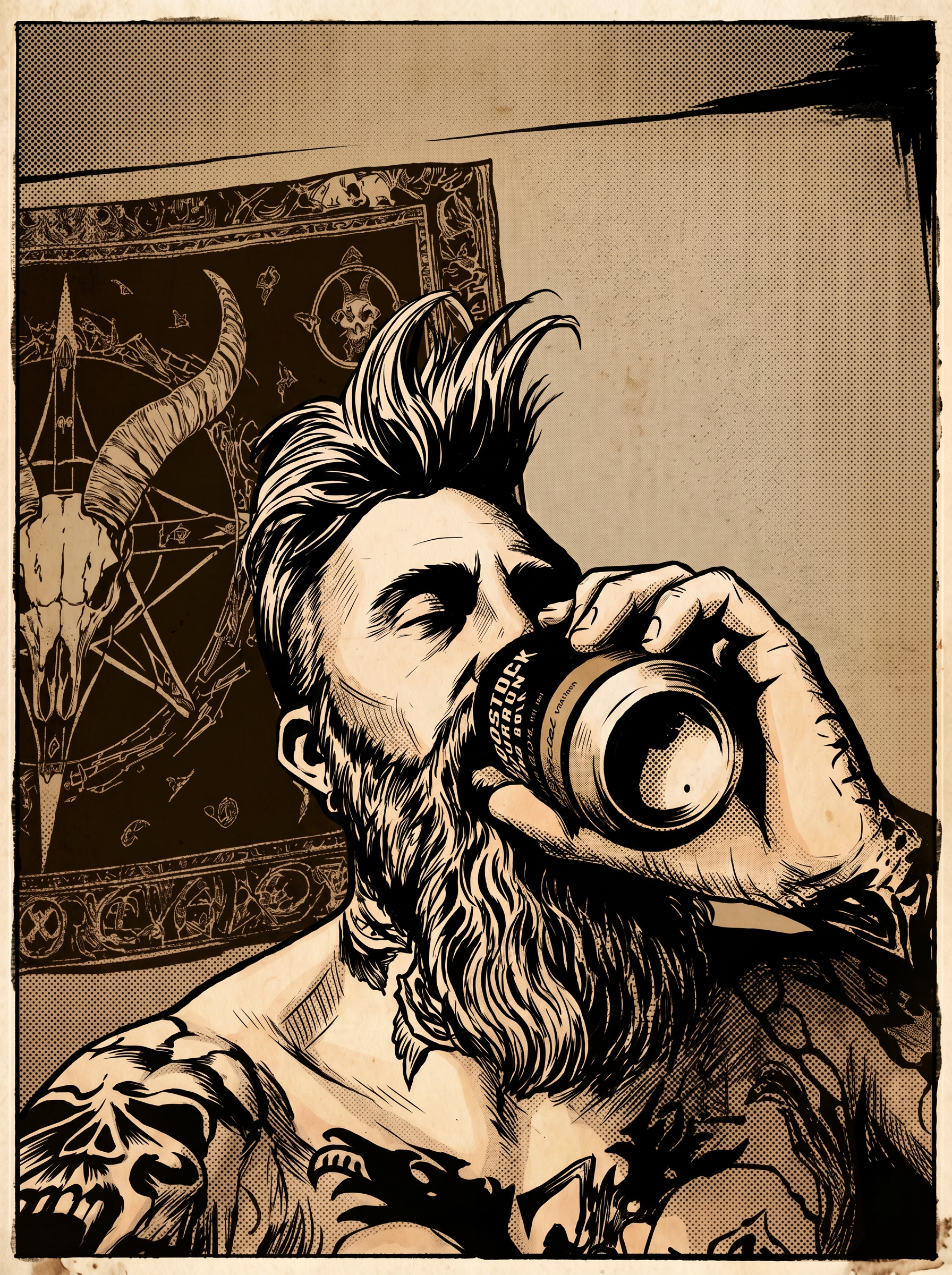 Sepia comic panel of a bearded, tattooed man drinking from a can.