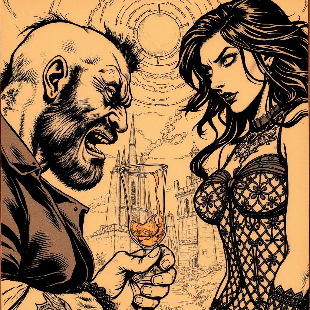 Comic panel of a bearded man holding a glass facing a dark-haired woman, a gothic cathedral behind them.