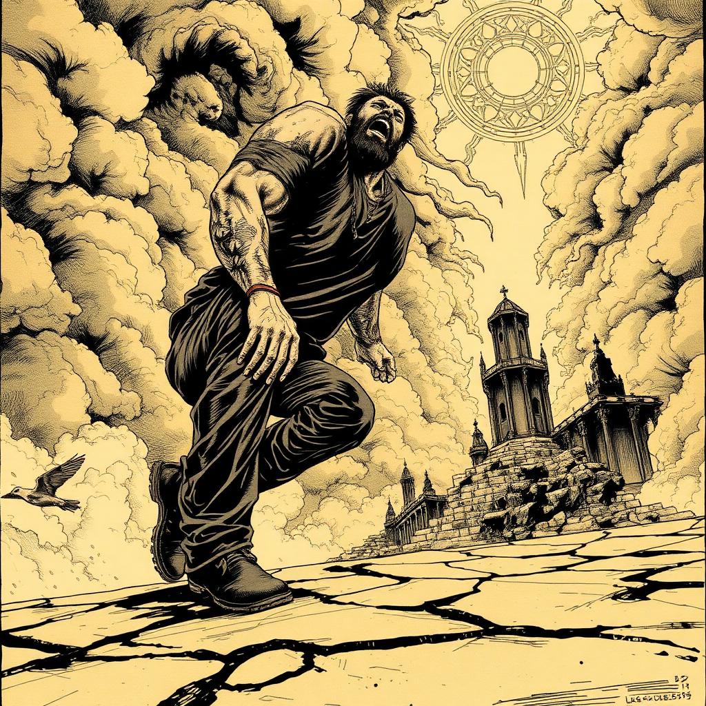 Comic panel of a man rising from cracked ground beneath a sigil, a ruined tower behind him.