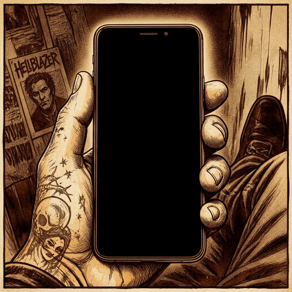 Sepia comic panel of a tattooed hand holding a phone with a dark screen.