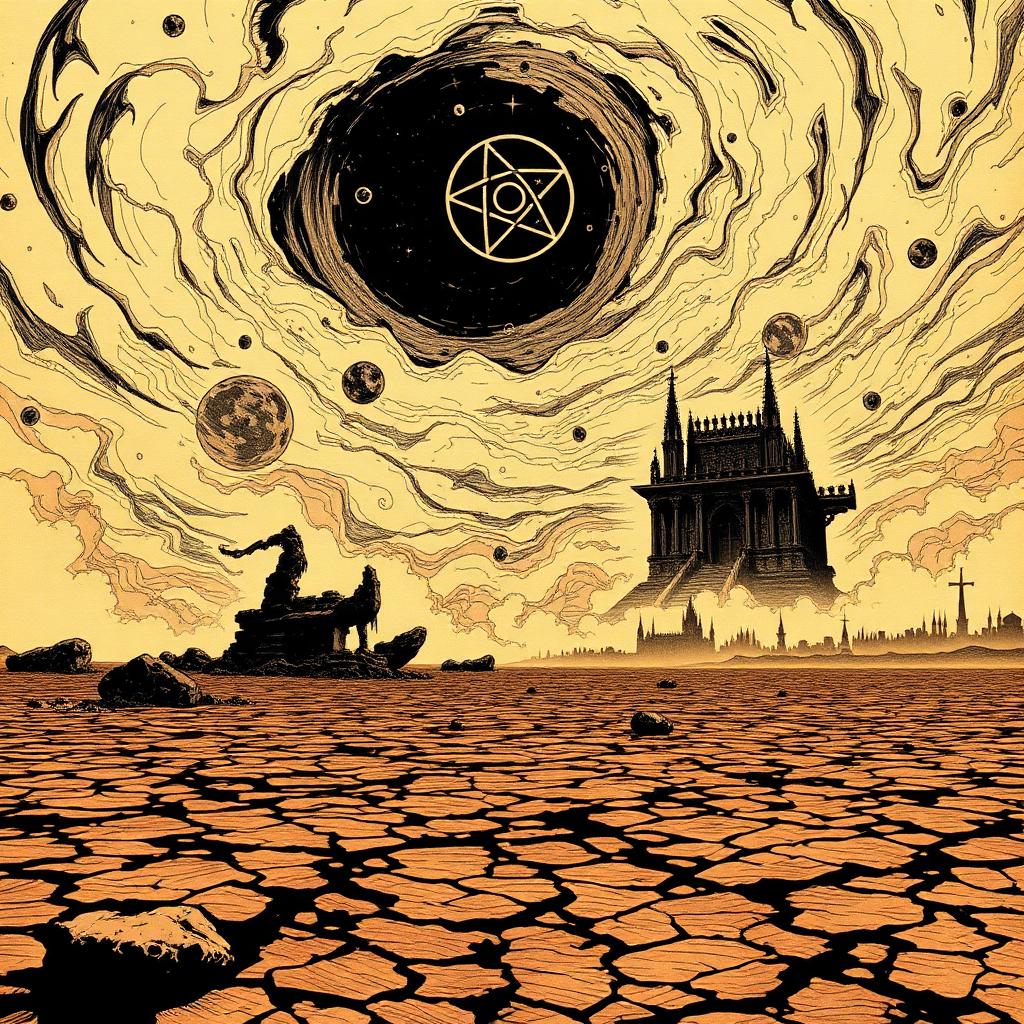 Wide comic panel of a cracked desert under a dark portal marked with a pentagram, a gothic castle on the horizon.