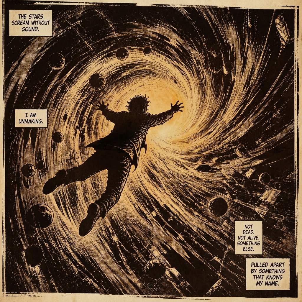 Sepia comic panel of a figure falling into a swirling cosmic vortex, with caption boxes.