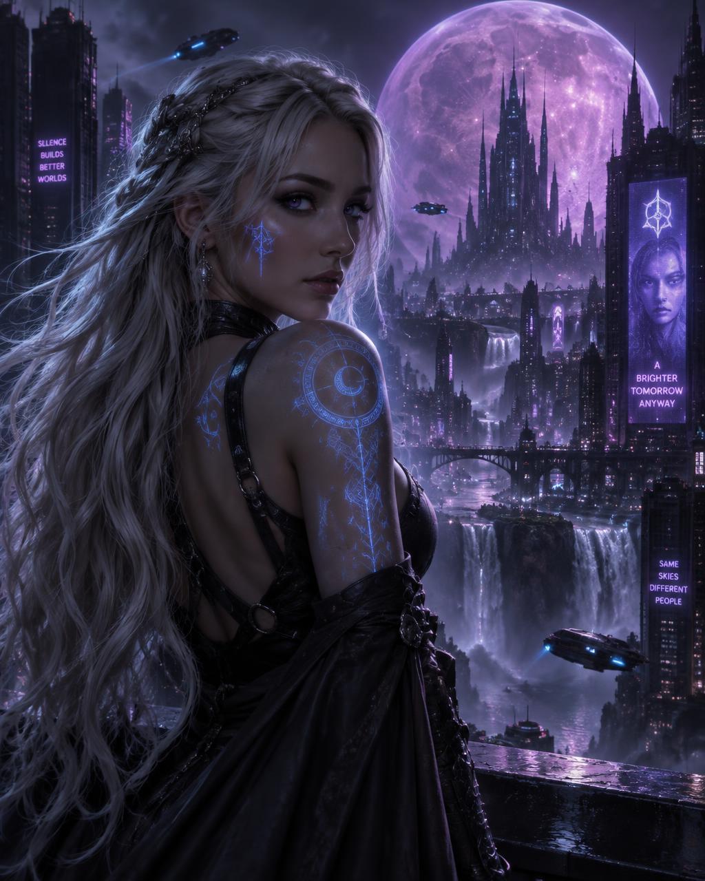 Nexus companion character overlooking a neon cyberpunk city at night