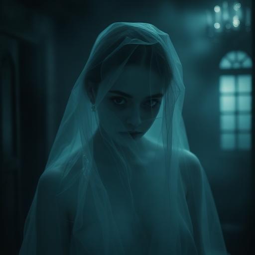 Spirit: A veiled translucent figure by a moonlit window.