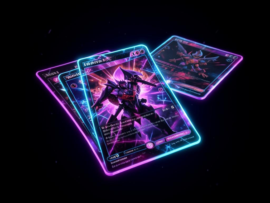 Nexus Collectors: Holographic trading cards glowing in neon.