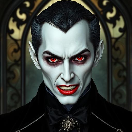 Vampire: A pale aristocrat with red eyes before a gothic arch.